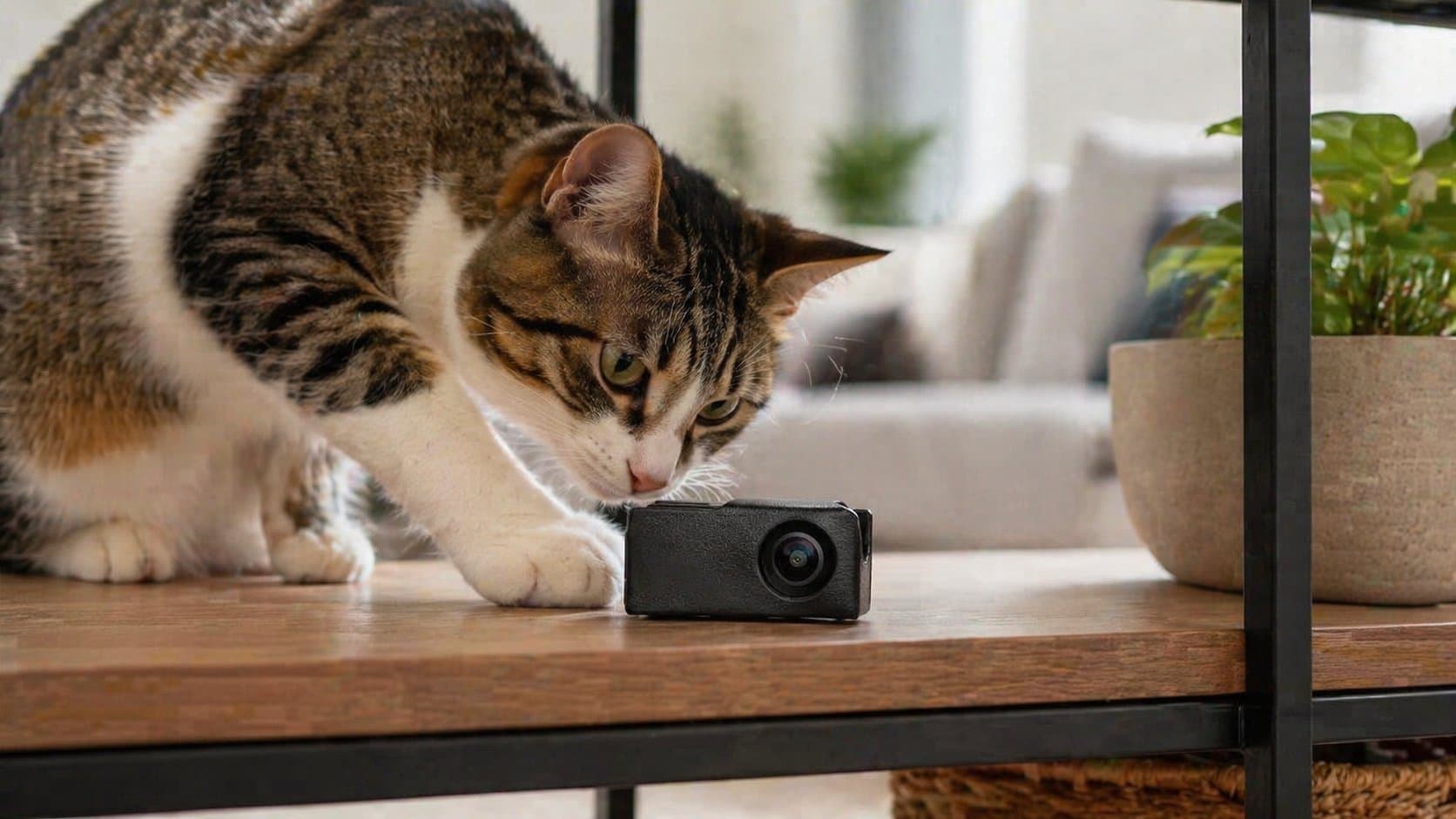 Cat investigating a small collar camera up close