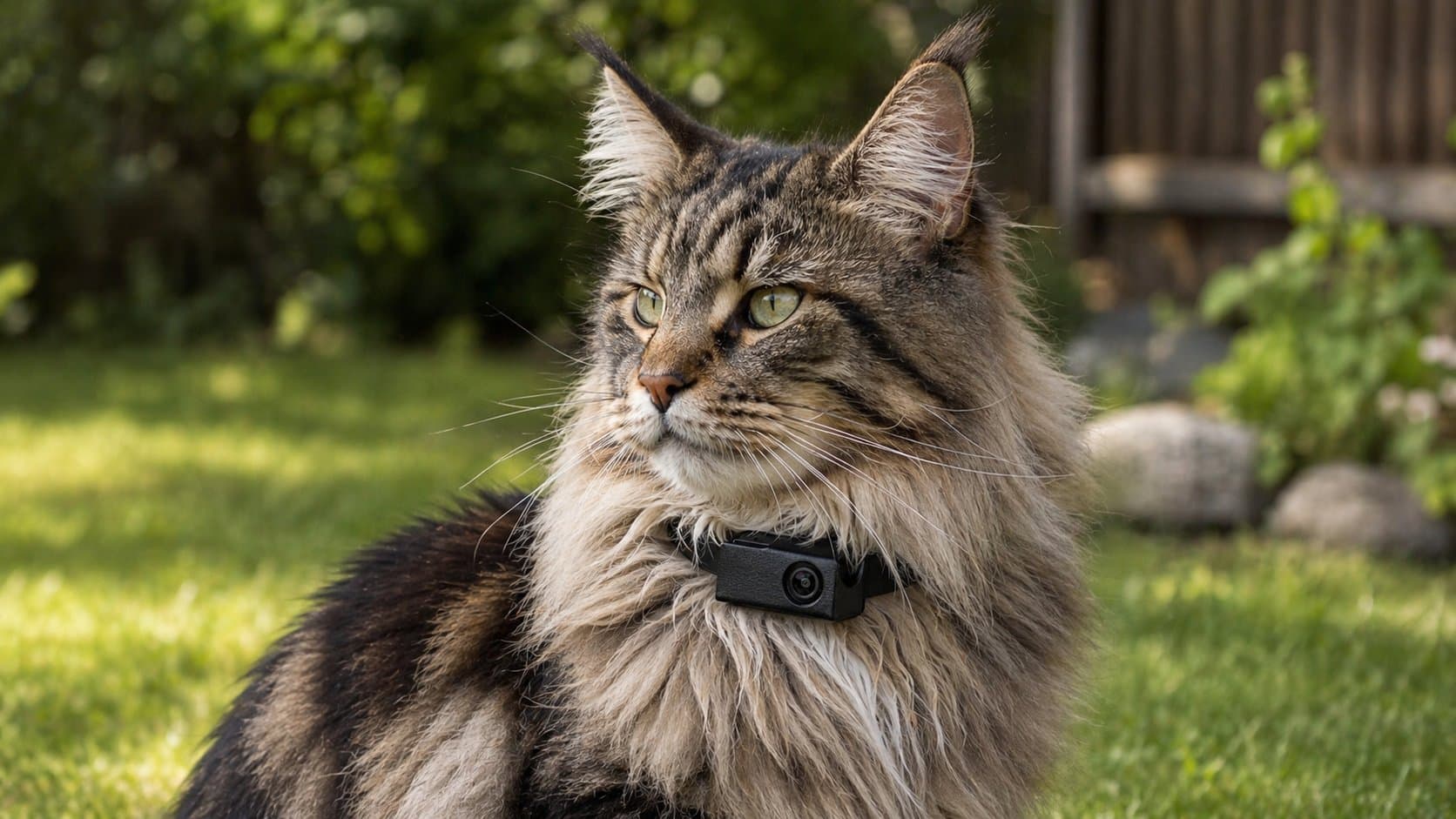 Cat at home wearing a small collar camera