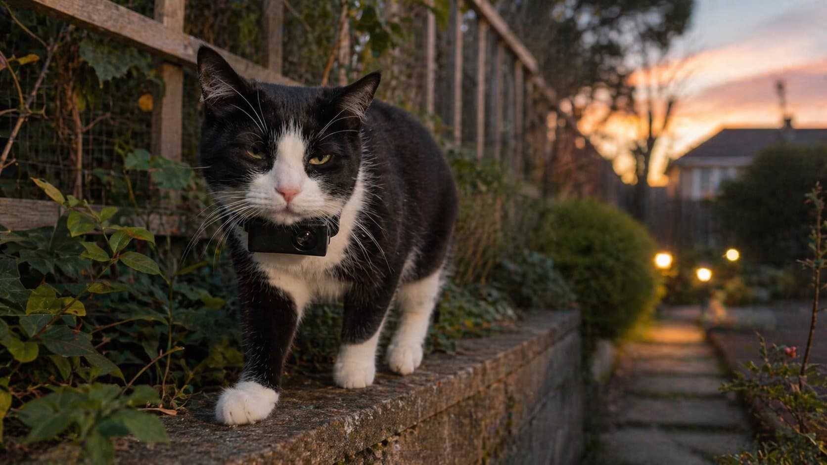 Cat wearing a small collar camera exploring outdoors