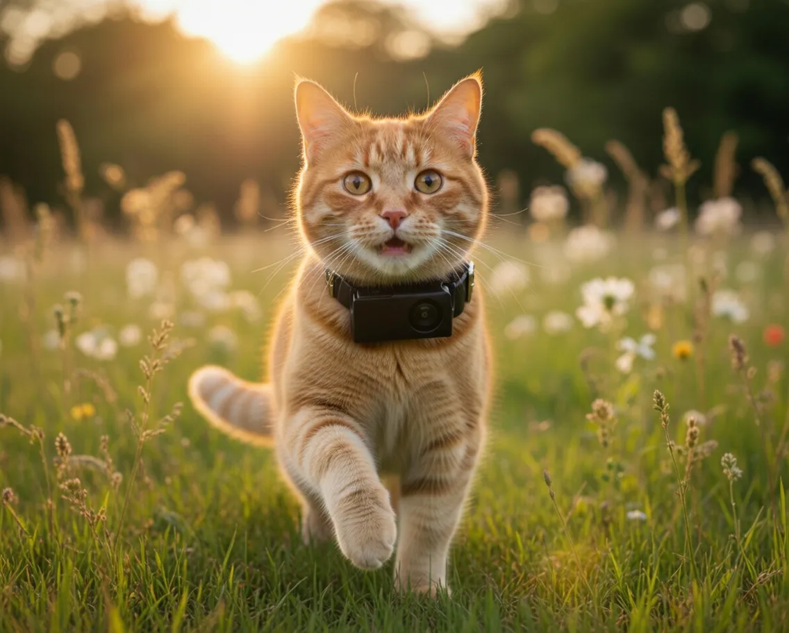 Curious cat investigating a small indoor pet camera on a shelf
