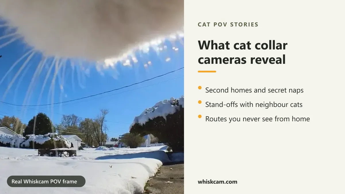 Real Whiskcam POV frame of a fence and neighbouring garden seen from a cat's collar