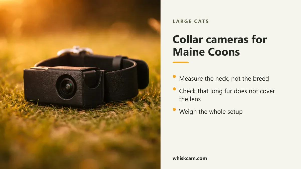 Whiskcam collar camera resting on grass at sunset, with fit checks for large cats