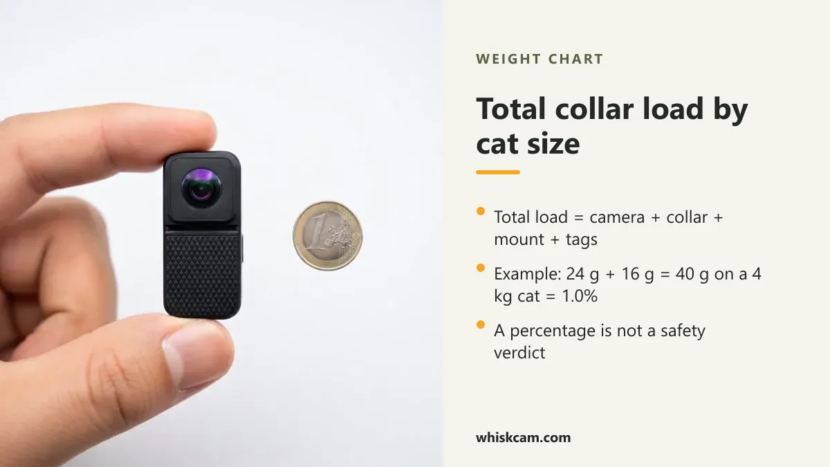 Whiskcam camera shown at scale next to a coin, with the total collar load formula