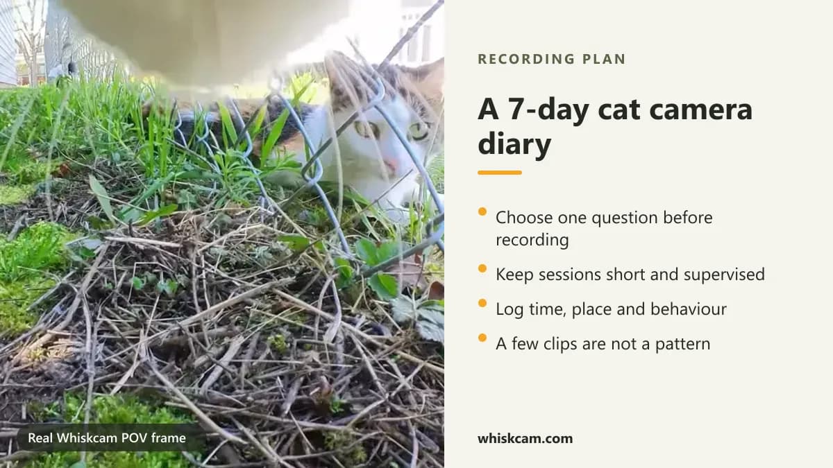 Real Whiskcam POV frame of a cat peering through garden grass, with a seven-day recording plan