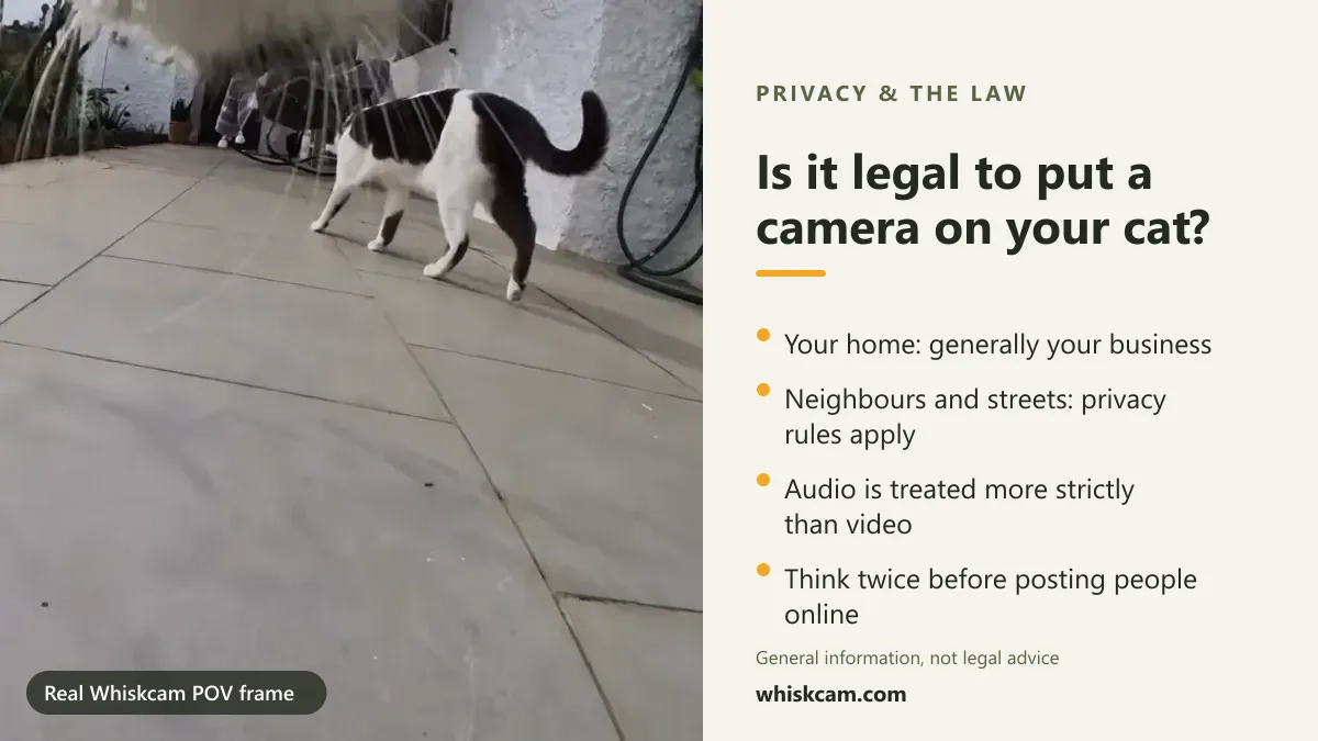 Real Whiskcam POV frame of a neighbour's cat on a terrace, with privacy rules for cat cameras