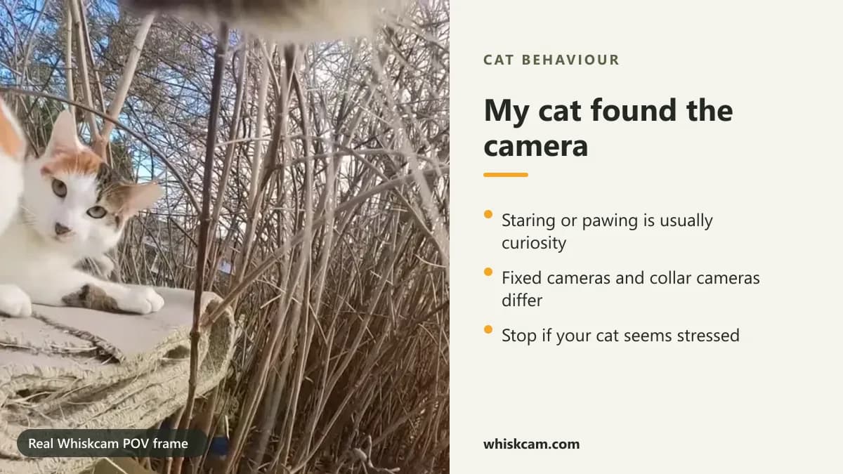Real Whiskcam POV frame of a white and ginger cat looking straight at the camera