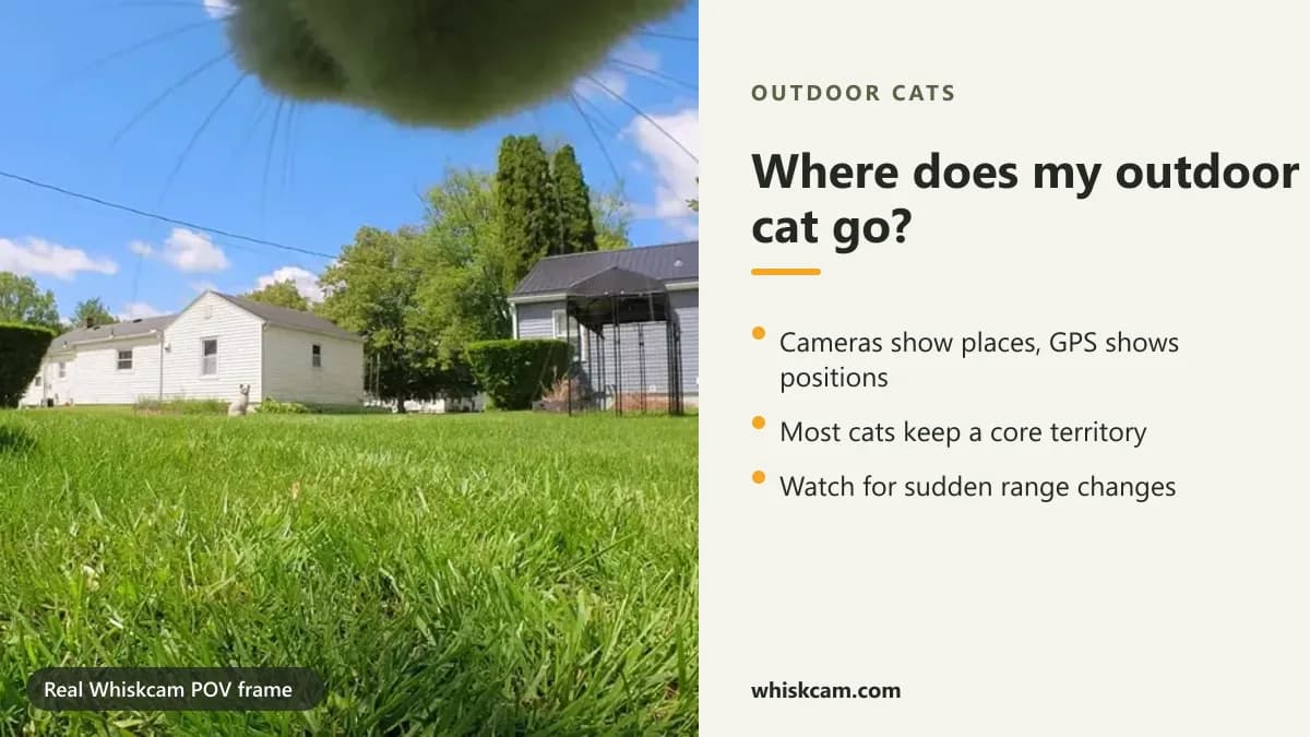 Real Whiskcam POV frame of a cat's chin over a garden and houses
